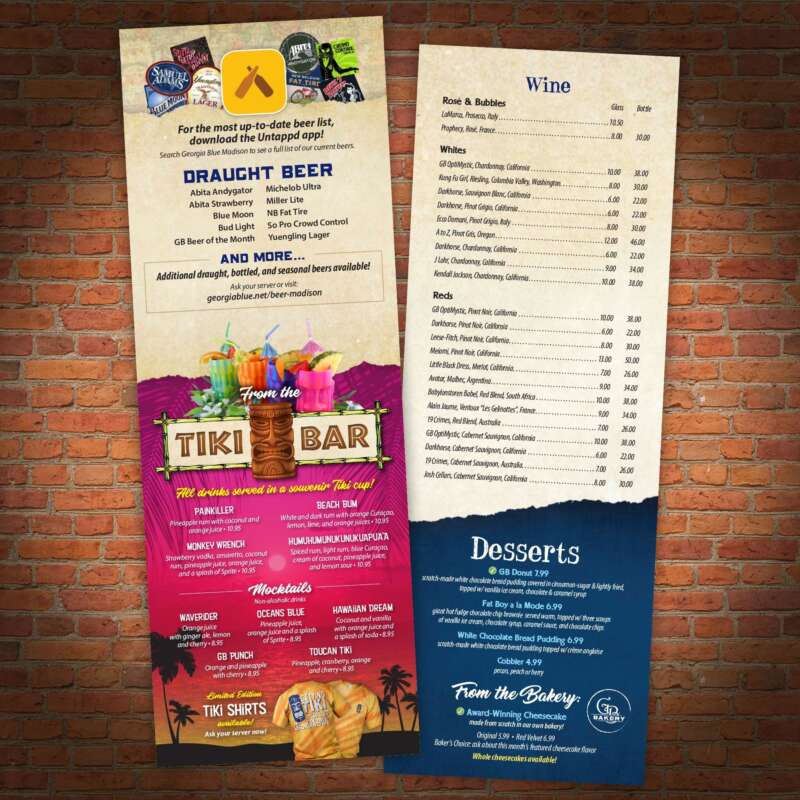 Georgia Blue Beer, Tiki, Wine & Dessert List