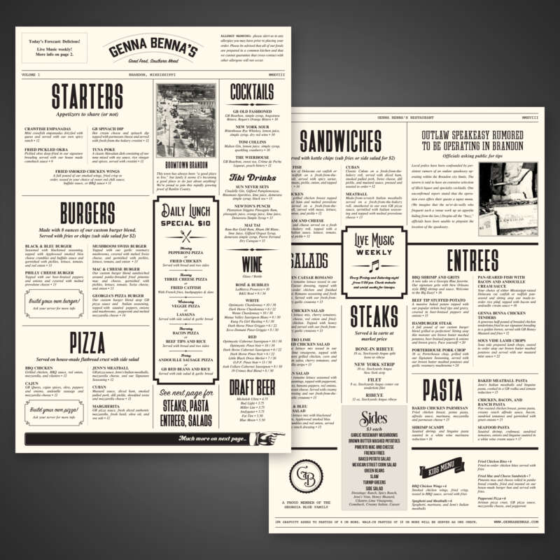 Genna Benna's Menu
